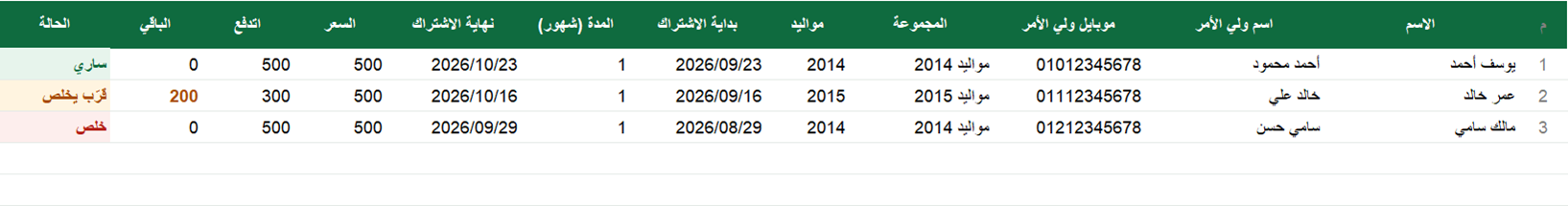 شكل شيت اللاعبين والاشتراكات