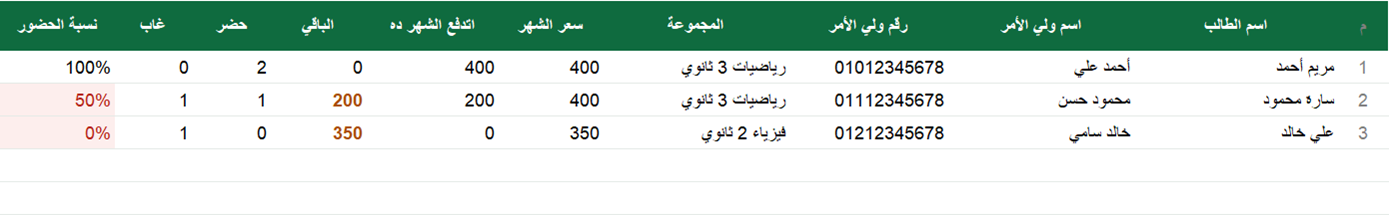 شكل شيت طلبة السنتر